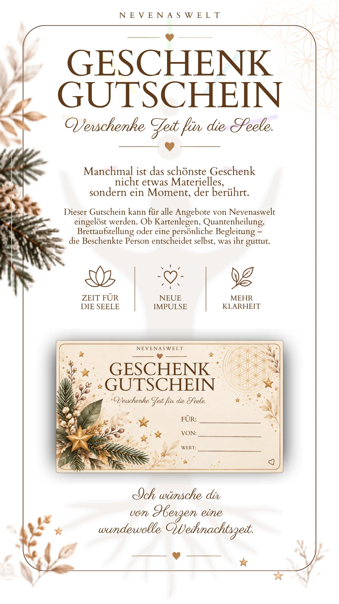 Flyer: Geschenkgutschein von Nevenaswelt – Verschenke Zeit für die Seele, einlösbar für alle Angebote
