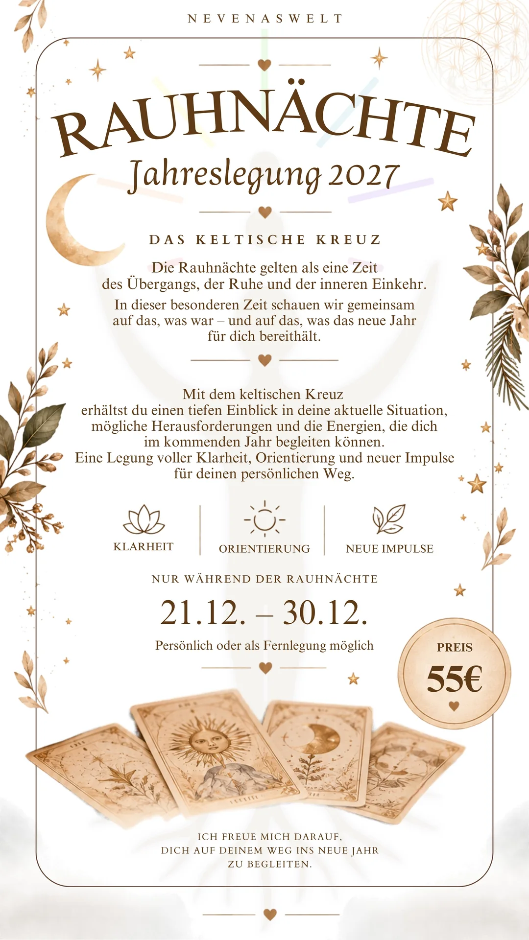 Flyer: Rauhnächte Jahreslegung 2027 – Das keltische Kreuz, 21.12. bis 30.12., persönlich oder als Fernlegung, Preis 55 €